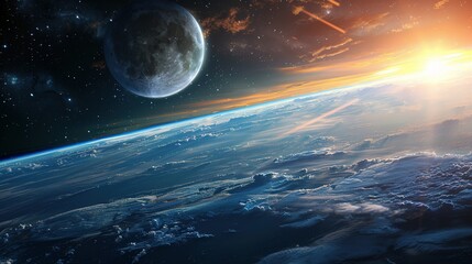 Wall Mural - A Celestial View of Earth with a Crescent Moon and Sun Rays