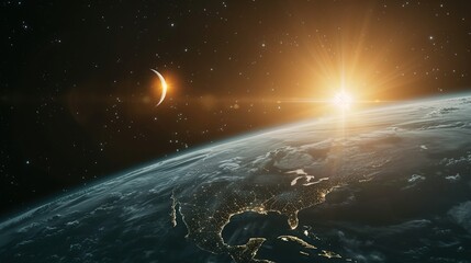 Wall Mural - Earthrise with a Crescent Moon and Sun Rays