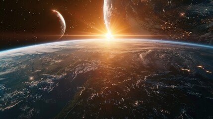 Wall Mural - A distant planet with a red moon and rising sun seen from space