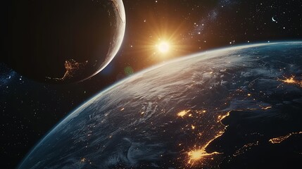 Wall Mural - Earthrise with a Distant Star and a Crescent Moon