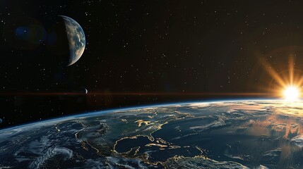 Wall Mural - Earthrise from Space with Crescent Moon and Sun Rays