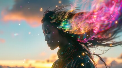 A woman stands calmly with colorful particles flowing from her hair against a stunning sunset backdrop