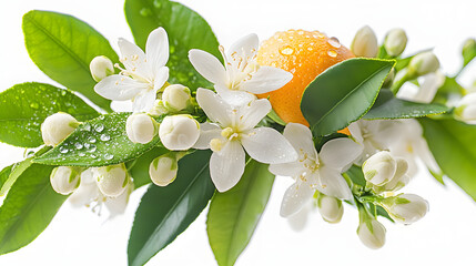 Wall Mural - Orange tree bunch with white flowers buds and leaves and water drops isolated on white Neroli blossom Citrus bloom 