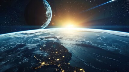 Wall Mural - Earthrise with a Shooting Star and City Lights