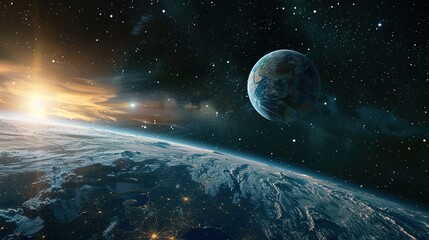 Wall Mural - Earth from Space with Sunrise and Distant Planet