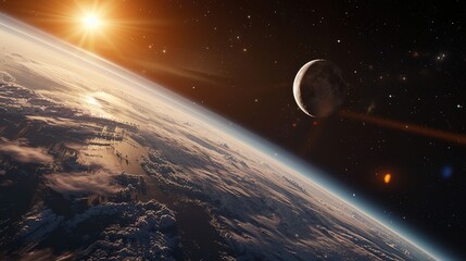 Wall Mural - A Distant View of Earth with a Crescent Moon and the Sun