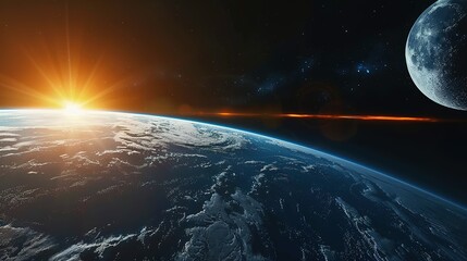 Wall Mural - Earthrise with a Bright Sun and Stars in the Dark Sky