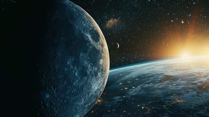 Wall Mural - A Cratered Moon Beside a Blue Planet with a Rising Sun