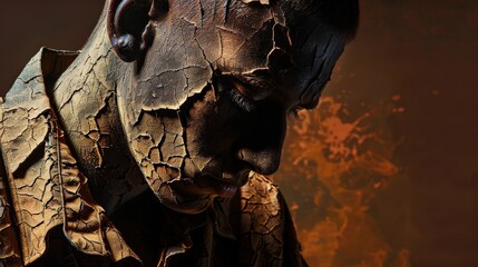 Poster - A mannequin adorned with textured paint resembling cracked earth, set against a warm backdrop, highlights artistic expression and creativity