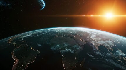 Wall Mural - Earth from Space with Sun and Moon in the Distance