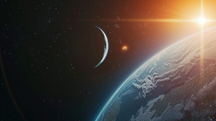 Wall Mural - A Planet's Sunrise with Crescent Moon and Distant Star
