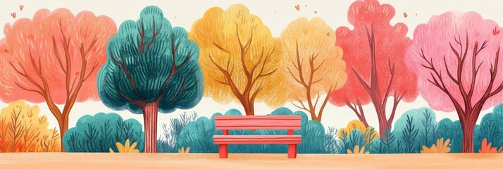 Poster - A pink bench sits peacefully in the center of a picturesque park, surrounded by trees showcasing vibrant fall foliage in shades of red, orange, yellow, and green.