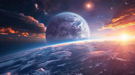 Wall Mural - A Distant Planet in a Starry Sky with a Glowing Sun