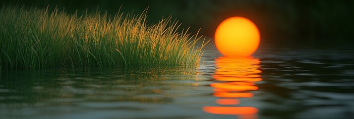 Poster - A serene sunset reflected in still water, with green grass in the foreground symbolizing tranquility, nature, peace, beauty, and serenity.