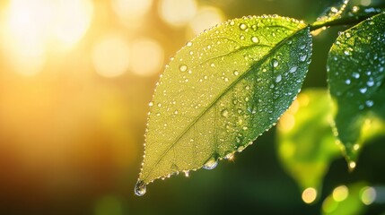 Canvas Print - A single green leaf with water droplets, illuminated by the warm golden rays of the sun, symbolizing nature's beauty, renewal,  freshness, and the cycle of life.