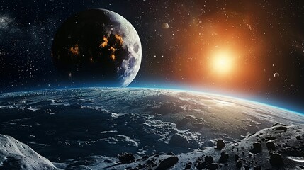 Wall Mural - Alien Planet with a Large Moon and a Star in the Background