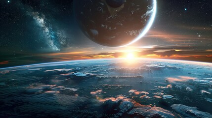 Wall Mural - A Distant Planet's Sunrise with a Large Celestial Body in the Background