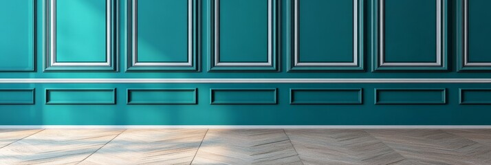 Poster - A teal and white wall with wood floor symbolizes classic design, elegant style, interior decoration, home decor, and vintage aesthetics.