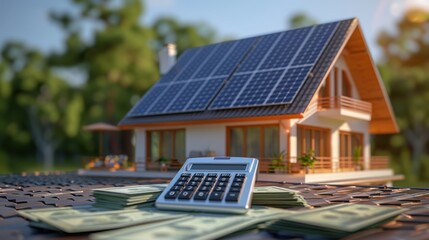 a detailed image of a residential home with solar panels installed on the roof. nearby, a calculator