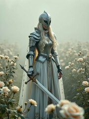 Cinematic Photography Portrait Of An Elfish Woman Templar Knight In Silver Armor, Medieval Fantasy Concept Of Elf