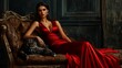 © Vivid Canvas - A glamorous woman in a stunning red gown poses elegantly on an ornate sofa alongside a majestic leopard, exuding luxury and sophistication.