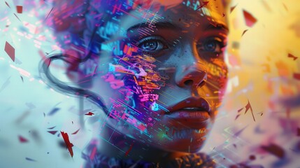 Poster - A woman’s face surrounded by vibrant, swirling colors and abstract shapes, creating a captivating and surreal atmosphere