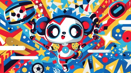 A playful vector vinyl design for a sports competition, featuring a Powerpuff Boy lifting weights, surrounded by a lively mix of sports equipment and stars, with a bold, colorful background.