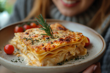 Delicious lasagna dish with cheese and tomatoes on a plate, baked pasta perfect for dinner