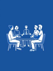 Poster - Five people sitting around a table, engaged in conversation, symbolizing teamwork, collaboration, communication, discussion, and business strategy.