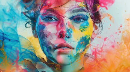 Poster - A woman showcases her artistic expression with colorful paint covering her face, surrounded by swirling vibrant hues and fabric