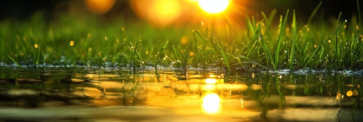 Poster - The serene image captures the beauty of nature with a sunset reflected in a pool of water, surrounded by lush green grass, symbolizing peace, tranquility, nature, growth, and reflection.