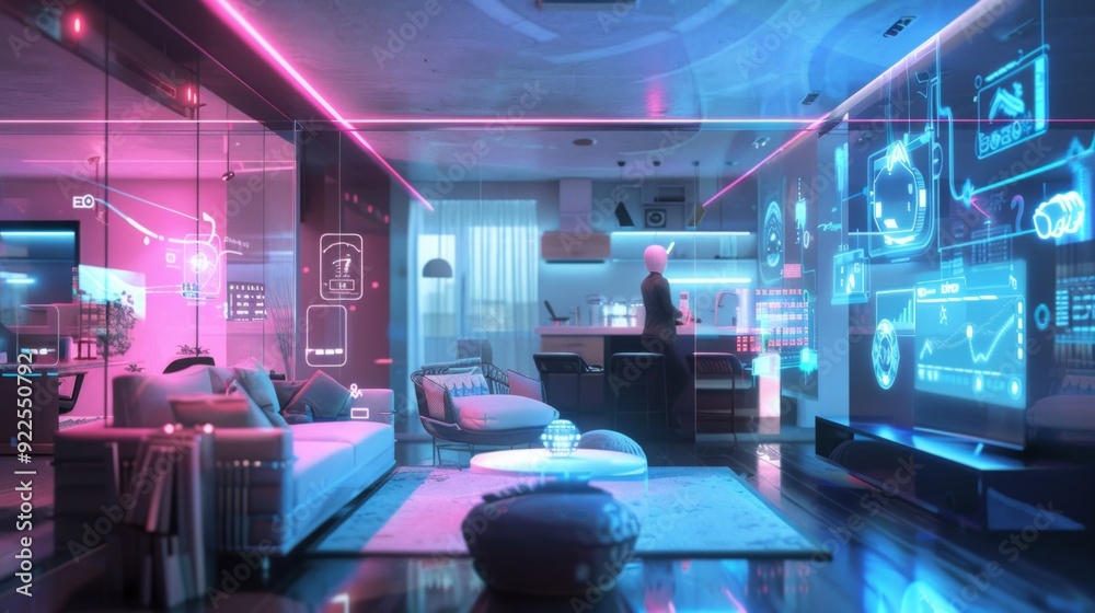 Craft a detailed image of a futuristic home filled with smart ...