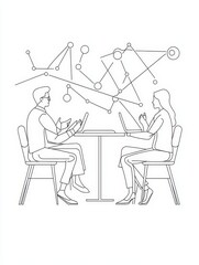 Canvas Print - Two individuals sit at a table, engaged in a conversation, showcasing a collaborative work environment. Their laptops suggest technology use