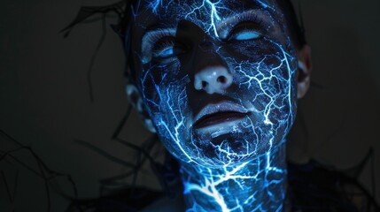 Poster - A person with striking blue lightning designs projected on their face, creating a mystical and captivating visual effect in a darkened environment