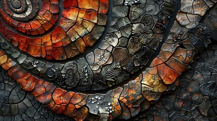 Wall Mural - A vibrant abstract design showcasing an intricate pattern of textured stone resembling fossilized shells and geological formations. 