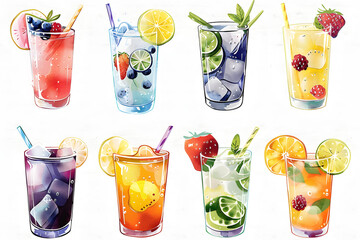 Canvas Print - various mocktail fruit juice summer refreshing drink watercolor cartoon clipart illustration PNG isolated transparent background collection set