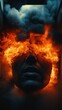 © Sorat - A surreal depiction of a face engulfed in flames, symbolizing passion and chaos in a dramatic atmosphere.