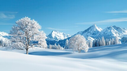 Snowy mountain landscape with snow-covered trees under a blue sky.