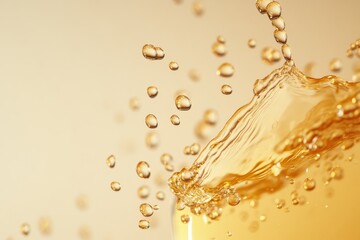 Poster - Delicate golden droplets of water hover in midair, capturing light beautifully against a neutral beige backdrop, showcasing the mesmerizing details of liquid forms