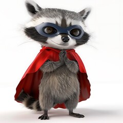 Sticker - Cute Raccoon Superhero in Red Cape and Mask.