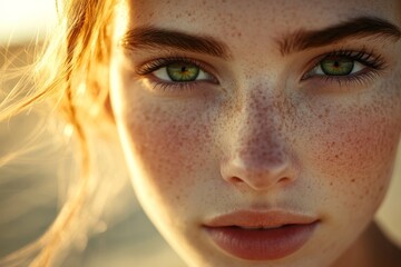 Wall Mural - A young woman with vivid green eyes and sunkissed freckles captures the soft glow of sunset, radiating warmth and beauty in natural light