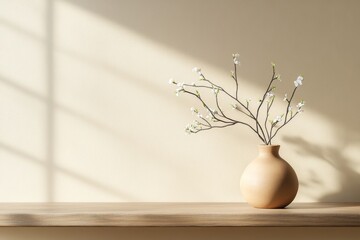 Poster - A clay vase holds delicate branches with white blooms, elegantly placed on a wooden shelf against a softly lit minimalist room
