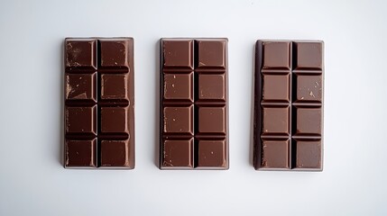 Wall Mural - A close-up of three chocolate bars set against a white background, each bar showcasing its smooth and delicious surface.