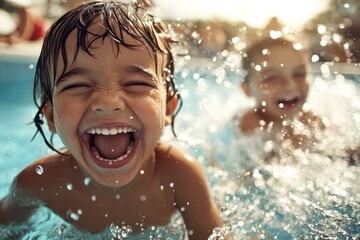 Two young boys playing in a pool, splashing water and smiling with sunlight shining on them
Concept: childhood, joy, summer, fun, water, play, happiness, boys, swimming, vacation, sunlight, laughter