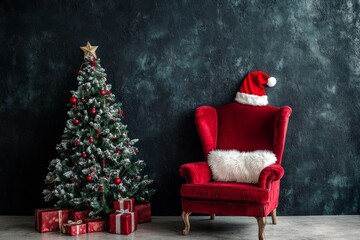 A luxurious red velvet armchair with white fur accents placed next to a decorated Christmas tree in a dark room. The tree is adorned with red and silver ornaments, with wrapped gifts underneath. The d