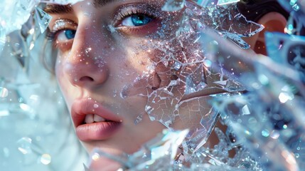 Poster - A woman gazes intensely through shattered glass, highlighting her blue eyes and detailed facial features in a captivating display of emotion and artistry