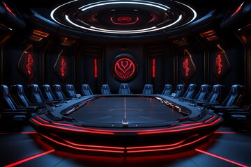 Aufkleber - Futuristic, high-tech conference room with neon lighting and sleek design, ideal for sci-fi movie settings or innovative corporate environments.