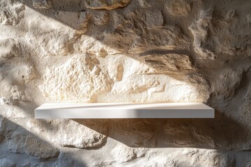 Poster - A textured stone wall showcases a clean, white shelf, perfect for holding decor, illuminated by natural light streaming in from above