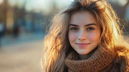 A beautiful Belgian woman. Belgium. A beautiful Belgian woman. A young woman with wavy, long hair and a warm smile is wearing a cozy sweater, surrounded by a soft, natural backdrop during the g. #wotw