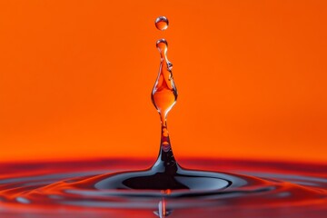 Poster - A suspended droplet of water showcases bright fiery reflections against an orange backdrop, capturing the beauty of nature's intricate details